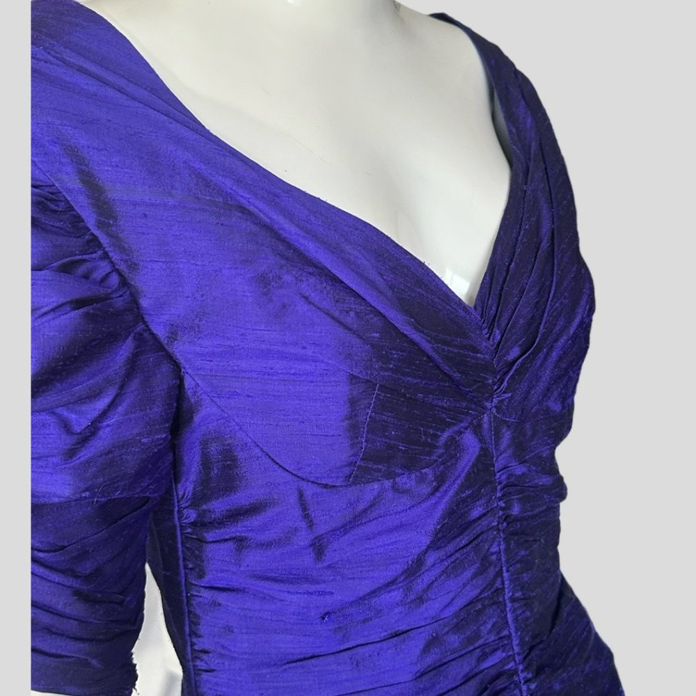 VINTAGE KANAK 100% SILK ROYAL PURPLE RUCHED DRESS (SZ 8) - Picture 6 of 12